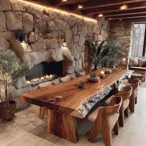Pode incluir: Uma sala de jantar r&uacute;stica com uma grande mesa de madeira com borda viva e cadeiras de madeira a condizer. A sala tem uma lareira de pedra com fogo no interior. As paredes s&atilde;o de pedra e a sala &eacute; iluminada com ilumina&ccedil;&atilde;o quente.