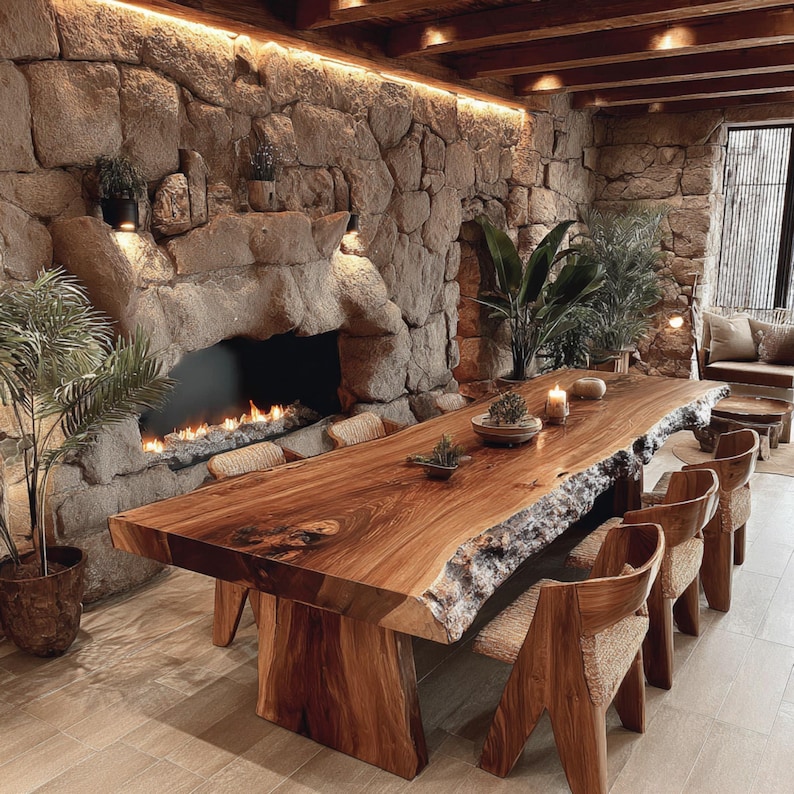 Pode incluir: Uma sala de jantar r&uacute;stica com uma grande mesa de madeira com borda viva e cadeiras de madeira a condizer. A sala tem uma lareira de pedra com fogo no interior. As paredes s&atilde;o de pedra e a sala &eacute; iluminada com ilumina&ccedil;&atilde;o quente.