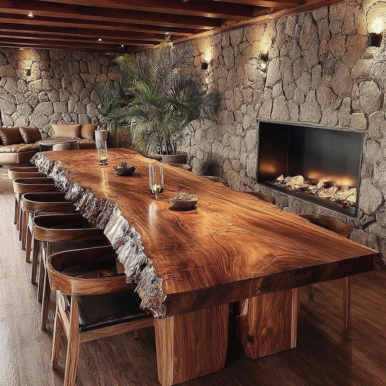 Pode incluir: Uma grande mesa de jantar de madeira com borda natural e &aacute;spera. A mesa &eacute; rodeada por cadeiras de madeira com assentos de couro preto. A sala apresenta uma parede de pedra, lareira e velas decorativas.