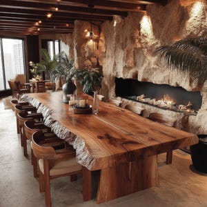 Pode incluir: Uma grande mesa de jantar de madeira maci&ccedil;a com borda natural, rodeada por cadeiras de madeira. A mesa &eacute; o ponto focal de uma sala de jantar com uma parede de pedra, lareira e plantas decorativas. A mesa tem cerca de 305 cm de comprimento.