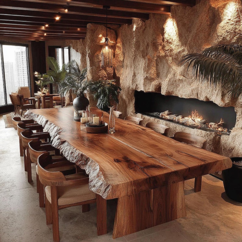 Pode incluir: Uma grande mesa de jantar de madeira maci&ccedil;a com borda natural, rodeada por cadeiras de madeira. A mesa &eacute; o ponto focal de uma sala de jantar com uma parede de pedra, lareira e plantas decorativas. A mesa tem cerca de 305 cm de comprimento.
