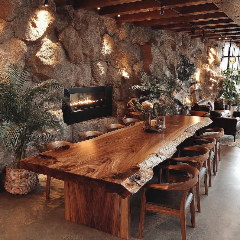 Pode incluir: Uma grande mesa de jantar de madeira maci&ccedil;a com borda natural, mostrando o gr&atilde;o natural da madeira. A mesa &eacute; rodeada por cadeiras de madeira com assentos de couro. A sala apresenta uma parede de pedra, uma lareira e plantas decorativas.