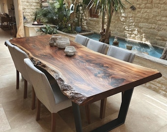 Solid Walnut Live Edge Dining Table, Rustic Farmhouse Wood Furniture