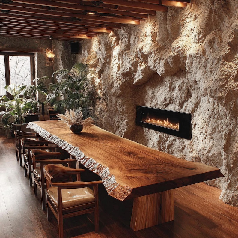 Pode incluir: Uma grande mesa de jantar de madeira com borda natural, mostrando sua forma natural. A mesa &eacute; sustentada por uma base de madeira e rodeada por cadeiras de madeira com assentos de couro. A sala apresenta uma parede de pedra, uma lareira e uma janela.