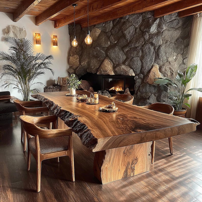 Pode incluir: Uma grande mesa de jantar de madeira maci&ccedil;a com borda natural, em um tom marrom escuro rico. A mesa &eacute; sustentada por uma base de madeira maci&ccedil;a e rodeada por cadeiras de madeira com assentos estofados. O quarto apresenta uma lareira de pedra e ilumina&ccedil;&atilde;o quente.