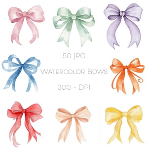 May include: Watercolor bows in various colors, including pink, green, purple, blue, orange, red, peach, and yellow. The image includes the text "50 JPG WATERCOLOR BOWS 300 - DPI".