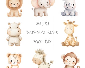 Safari Animals Clipart, Watercolor Jungle Animals, Nursery Art (Digital Download, JPG, 5000x5000 px)