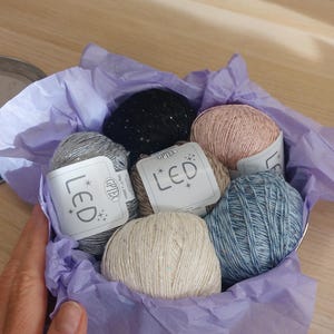 Può includere: Sei gomitoli di filato GPtex LED in nero, argento, rosa chiaro, beige, crema e blu, ognuno con sottili riflessi metallici. I gomitoli sono disposti in un contenitore foderato con carta velina viola chiaro, con etichette che indicano 50g e 200m.
