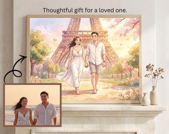 May include: A framed watercolor print depicts a couple walking hand-in-hand in front of the Eiffel Tower. The artwork features soft colors and a romantic theme. The text "Thoughtful gift for a loved one" is at the top. A smaller image is in the bottom left corner.