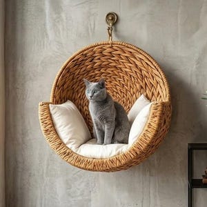 May include: A round, woven wicker hanging cat bed mounted to a concrete wall, featuring a soft white cushion and two white pillows. A solid gray cat sits upright inside the circular basket, which is suspended by a metal hook and rope.