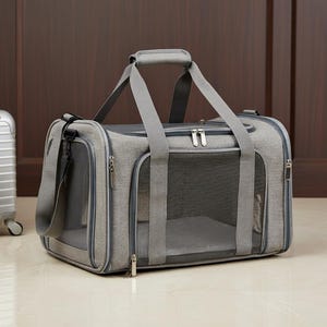 May include: A gray pet carrier with a mesh window and a top handle. The carrier has a shoulder strap and a zipper closure. A silver suitcase is in the background.