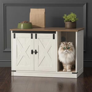 May include: A white cat house with a barn door design. The cat house has a brown top and a compartment for a cat. A fluffy cat with green eyes is inside the cat house. A green bowl with cat food, a brown paper bag, and a potted plant are on top.
