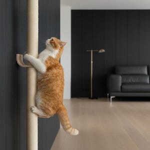 May include: An orange and white cat climbing a beige cat scratching post attached to a dark gray wall. The cat is mid-climb, with its paws gripping the post. The background includes a black sofa and a floor lamp.
