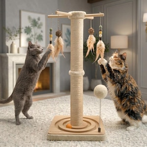May include: A beige cat scratching post with a central sisal-wrapped pillar, a square wooden base with a circular track containing an orange ball, and a top crossbar with hanging feather and ball toys, plus a separate spring-mounted felt ball.
