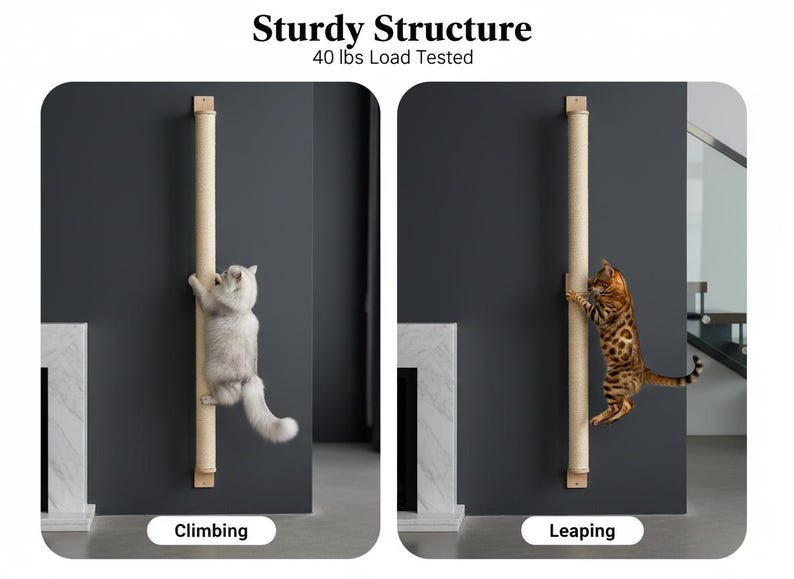 60" Wall Mounted Sisal Cat Scratcher, Vertical Climbing Post, Space Saving Design image 6
