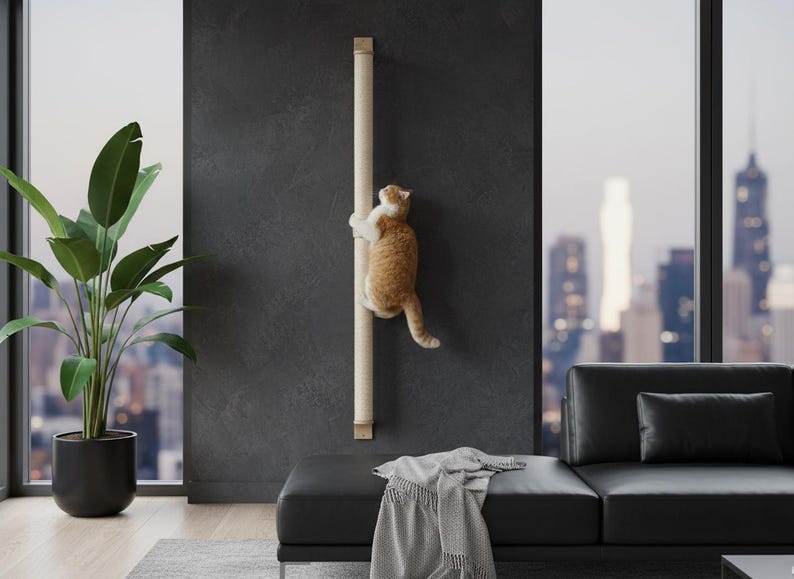 May include: A cat climbing a beige and tan cat scratching post mounted on a dark gray wall. The cat is orange and white. The room has a modern design with a black sofa, a large plant, and a city view through a window.