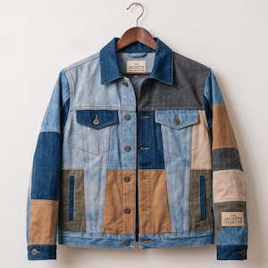 パッチワークデニムトラッカージャケット、アップサイクルカラーブロックボヘミアンストリートウェアコート