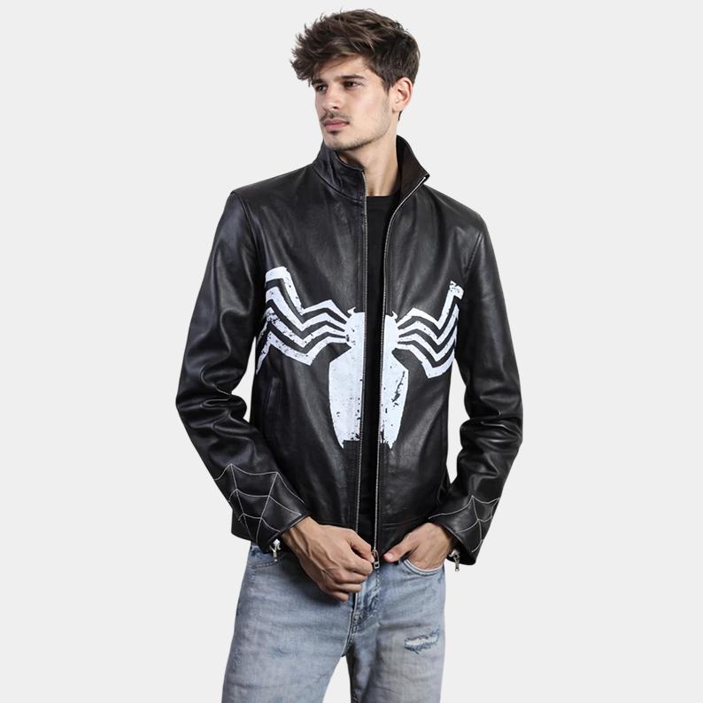 Men's Black Leather Venom Style Jacket – Handmade Spider Design