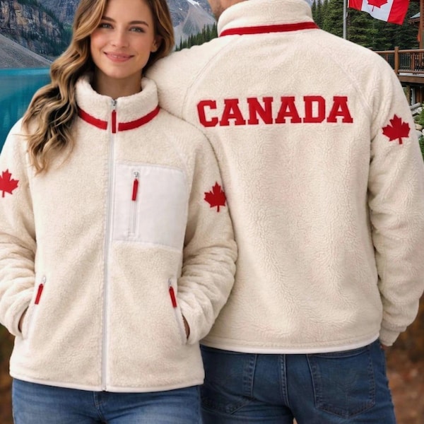 Jaqueta Sherpa com estampa de folha de bordo canadense – Casaco de inverno unissex com zíper e forro de lã.