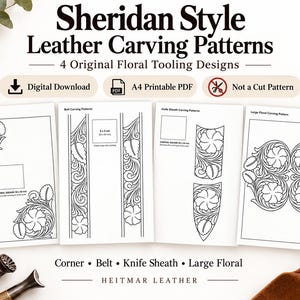 May include: A digital download of Sheridan Style Leather Carving Patterns featuring four original floral tooling designs. The A4 printable PDF includes templates for a corner, belt, knife sheath, and large floral pattern, each with a 50 x 50 mm square.