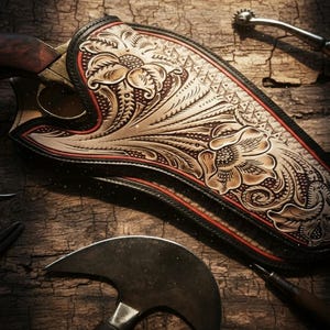 May include: A handcrafted leather holster with a detailed floral design, holding a revolver. The holster features intricate tooling, a red accent, and a dark brown finish. Various leatherworking tools surround the holster on a wooden surface.