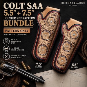 Può includere: Un pacchetto di modelli PDF digitali per fondine Colt SAA da 5,5 e 7,5 pollici. L'immagine mostra due fondine in pelle color cuoio con intricati intagli floreali, bordi neri e finiture rosse, insieme a un revolver e modelli cartacei.