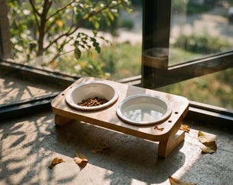 Mangeoire pour animaux de compagnie en bois surélevée, gamelle pour chat en céramique inclinée, support de vaisselle surélevé pour chien