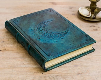 Moon Journal Notebook B5, Leather Diary, Moon Phases Notebook Leather, Turquoise Journal, Moon Phases Art, Blue Notebook, Crescent Moon Art