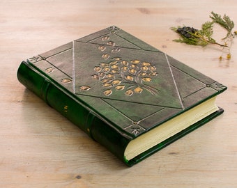 HardCover Journal Personalized B5, GuestBook Wedding, Gift for Her, Emerald Green Leather Notebook, Tree Of Life, Unique Forest Journal