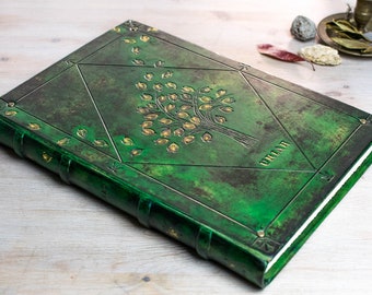 Large Hard Cover Journal Green Emerald, GuestBook Wedding, Green Forest Journal, Herbarium Book, Photo Album Leather, Tree Of Life Journal