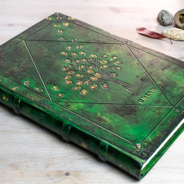 Large Hard Cover Journal Green Emerald, GuestBook Wedding, Green Forest Journal, Herbarium Book, Photo Album Leather, Tree Of Life Journal