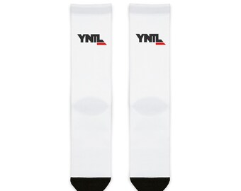 YNTL Logo Crew Socks | Sublimation Athletic Socks, White with Black Toe