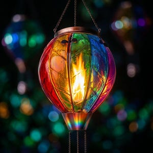 Hot Air Balloon Solar Garden Rainbow Glass Lantern light Vintage Outdoor Decor Colorful Stained Energy Free Glow Home Decor Gift Anniversary
