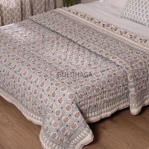 Edredón de algodón con estampado de bloques, ropa de cama de algodón floral azul grisáceo mostaza, edredón bohemio indio hecho a mano, cubrecama reversible para camas individuales, queen y king.