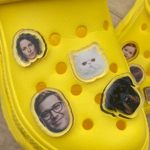 May include: A bright yellow clog shoe featuring several clear acrylic charms attached to the ventilation holes. The charms display various photographic portraits, including a woman, a man with glasses, a white cat, and a black dog.