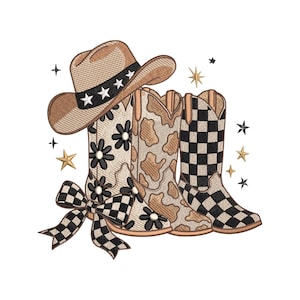 May include: An embroidered design featuring a tan cowboy hat with a black band and white stars, three cowboy boots with floral, cow print, and black and white checkerboard patterns, a large checkerboard bow, and several small gold and black stars.