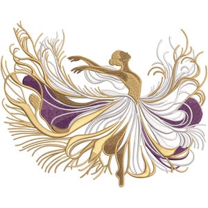Puede incluir: Diseño bordado de una bailarina con un vestido fluido. La bailarina está en una pose elegante, con los brazos extendidos. El vestido es blanco, dorado y morado, con detalles intrincados. El diseño está sobre un fondo blanco.