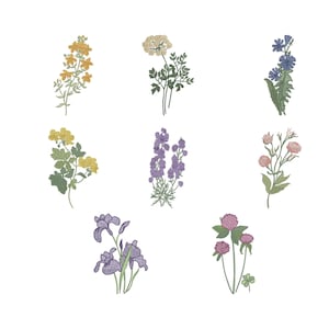 May include: A collection of eight botanical illustrations of various flowers, including yellow, purple, and pink blooms. The drawings are detailed and feature different floral arrangements, set against a plain white background.