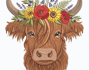 Highland Cow Embroidery Design, Farm Animal Machine Embroidery File, 5 sizes, Instant Download