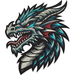 Può includere: Toppa ricamata con testa di drago dal design dettagliato. Il drago presenta una testa bianca e grigia, accenti turchesi, accenti rossi e denti affilati. La toppa è su sfondo nero.