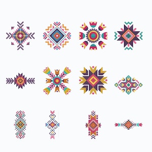 Puede incluir: Una colección de doce diseños geométricos coloridos en varias formas, incluyendo cuadrados, diamantes y patrones florales. Los diseños presentan una paleta de rosa, amarillo, azul y morado, con detalles intrincados y arreglos simétricos.