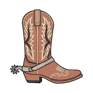 May include: A tan cowboy boot featuring intricate cream and black embroidered patterns on the shaft and toe. The boot includes a silver-colored metal spur attached to the heel with a textured strap, all outlined in a bold black border.
