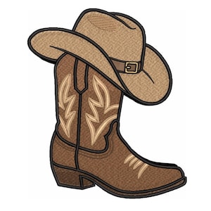 May include: A brown cowboy boot with decorative stitching and a matching cowboy hat. The hat is tan with a brown band and buckle. The boot and hat are outlined in black.