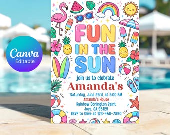 Invitación de cumpleaños "Diversión bajo el sol", invitación para fiesta infantil con temática de playa, plantilla editable de Canva, descarga digital de cumpleaños de verano