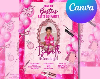 Invitación para fiesta de cumpleaños de muñeca de moda rosa: Plantilla editable de Canva (descarga digital)
