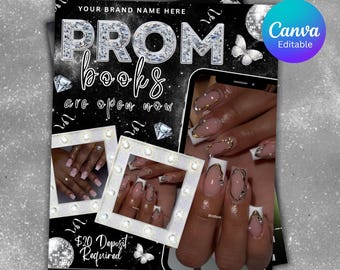 Folleto de reserva para baile de graduación: Temporada de graduación, uñas, peinado, pestañas y maquillaje, plantilla editable de Canva (descarga digital)