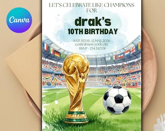 Invitación de cumpleaños con temática del Mundial / Cumpleaños de fútbol / Invitación de cumpleaños de fútbol / Tema del Mundial / Plantilla editable de Canva (digital o impresa en 5 x 7 pulgadas)