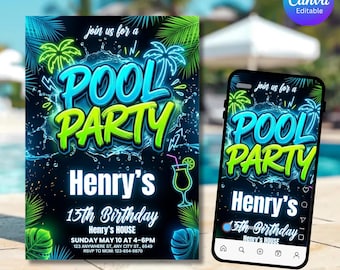 Invitación de cumpleaños para adolescentes en la piscina, tarjeta de celebración del décimo verano eléctrico, temática de rayos de neón, plantilla editable de Canva, descarga instantánea