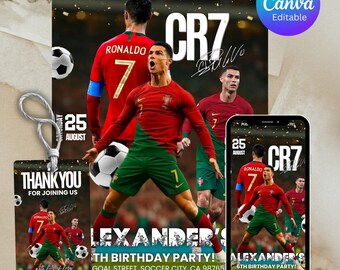 Invitación de cumpleaños de Ronaldo, invitación CR7, invitación editable de Ronaldo, invitación de fútbol, plantilla de Canva, descarga instantánea, para cualquier edad.