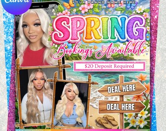 Folleto de primavera, Folleto de reservas de primavera, Folleto de vacaciones de primavera, Oferta especial de primavera, Reservas de primavera abiertas, Paquete de cabello, uñas, pestañas, trenzas, pelucas y maquillaje MUA